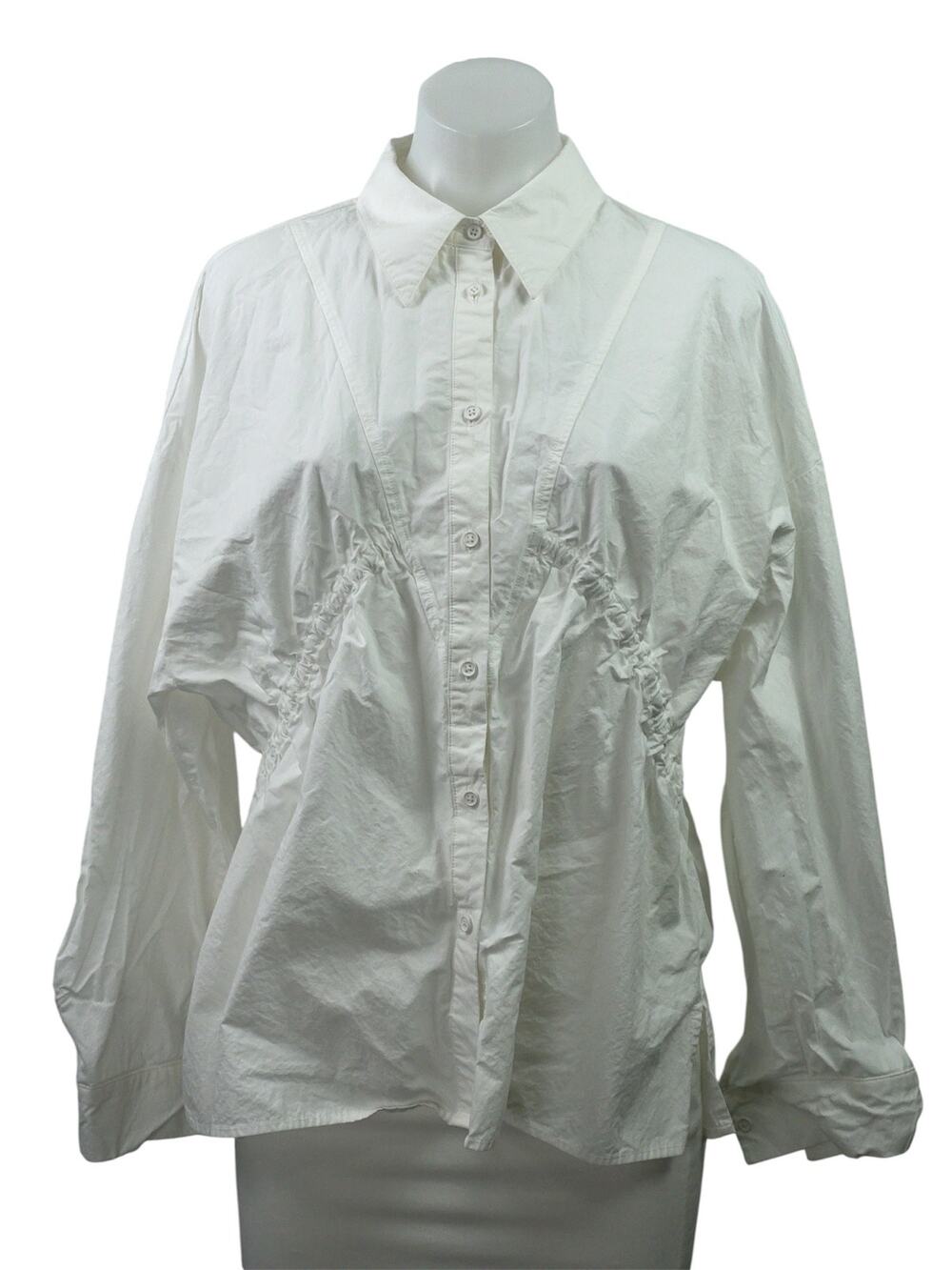 Urban Revivo Women's White Long Sleeve Ruched Button Down Shirt Top Size 8